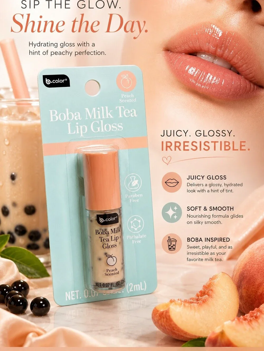 PEACH BOBA MILK TEA SCENTED LIP GLOSS BY B.COLOR PARABEN FREE NET WT. 0.07 FL.OZ